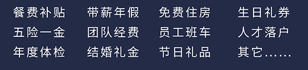 CA88员工福利：餐费津贴、五险一金、年度体检、带薪年假、团队经费、完婚礼金、免费住房、员工班车、节日礼物、生日礼券、人才落户、其它……